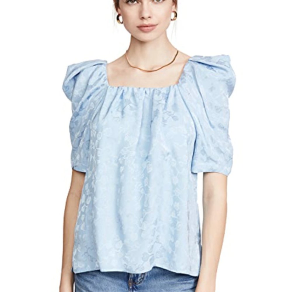 RACHEL COMEY Capa Sky Blue Shadow Print Puff Sleeve Shoulder Blouse Top